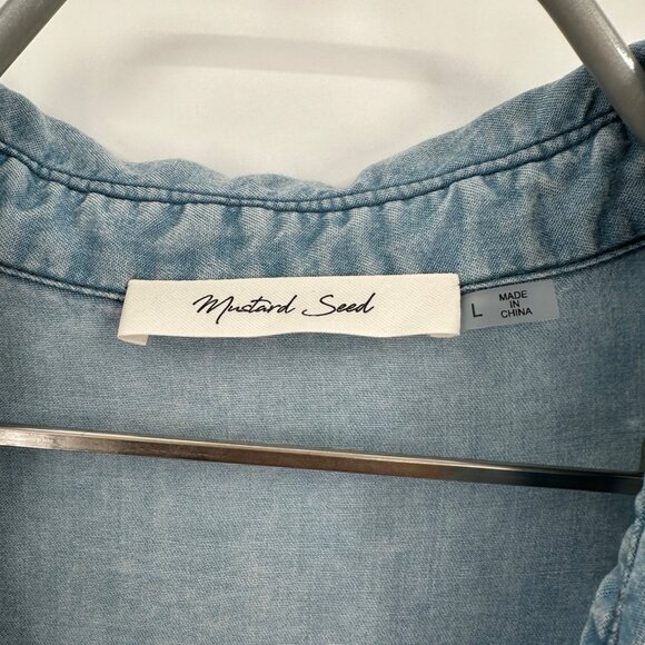 Mustard Seed Chambray Shirt Mini Dress Size L Boutique Swing Collared Lyocell - Picture 6 of 7